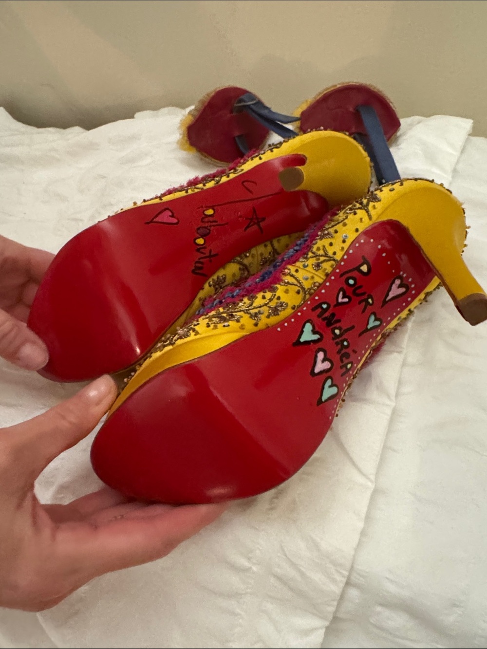 Christian Louboutin Yellow Embroidered Peep-Toe Platform Heels with Navy Trim - Picture 12 of 12